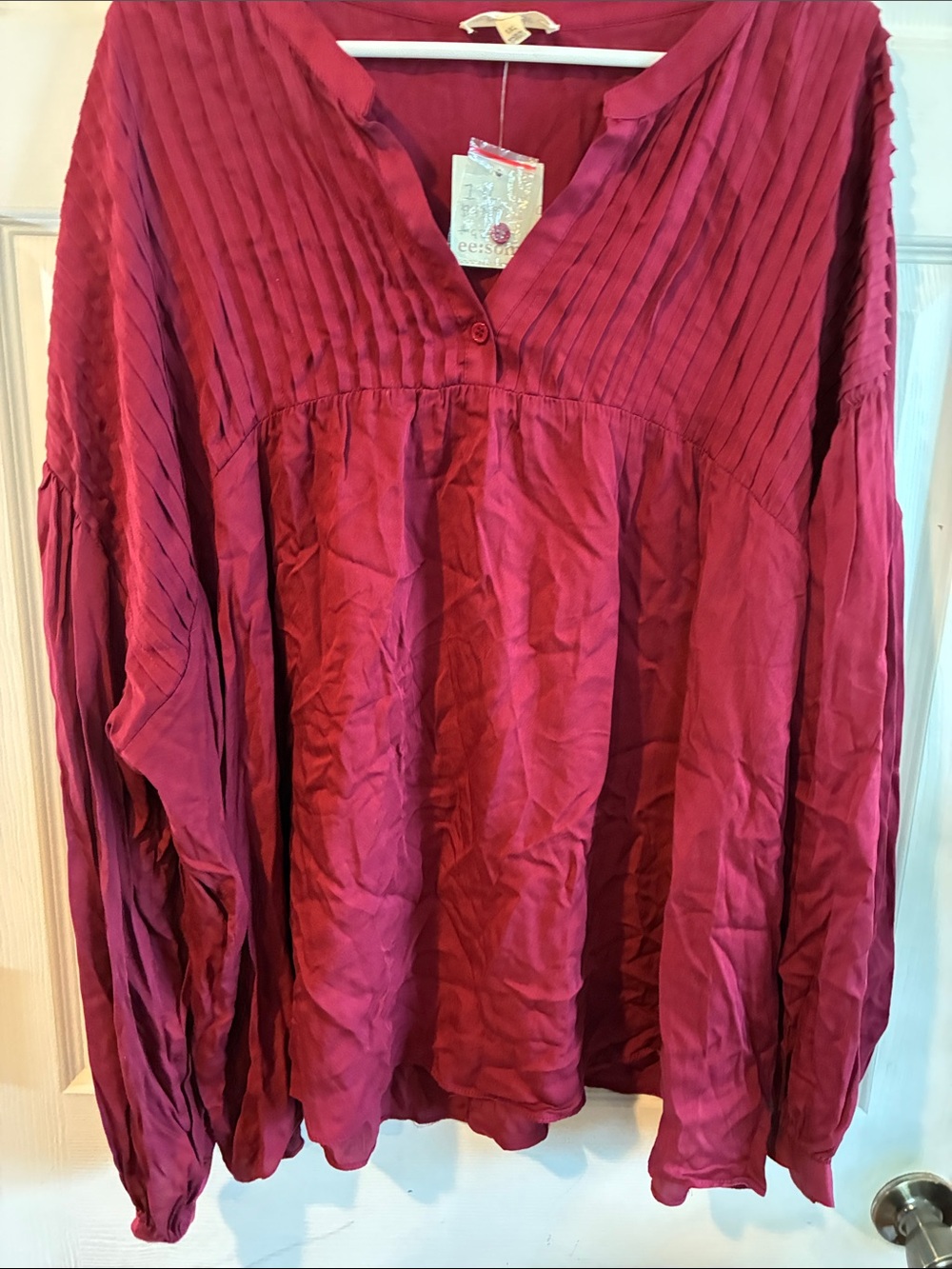 ee:some Size 1 X Women’s Oversized Pleated V-Neck Blouse - Berry NWT